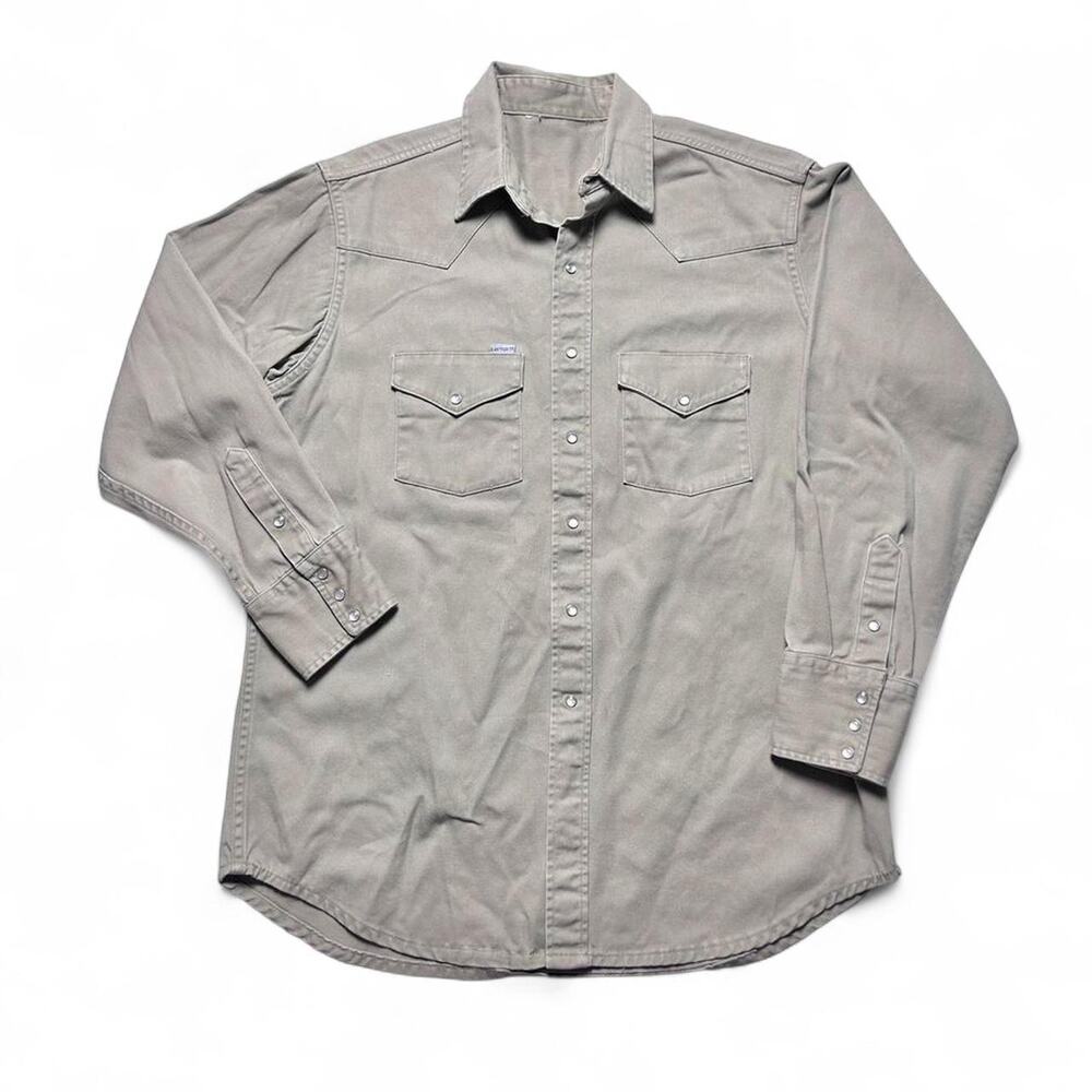 Carhartt Vintage 80s USA made Pearl Snap Khaki Canvas Cotton Long Button Shirt L